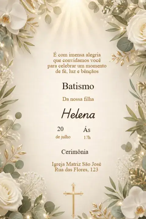Invitación de Bautismo Floral con Rayos de Luz