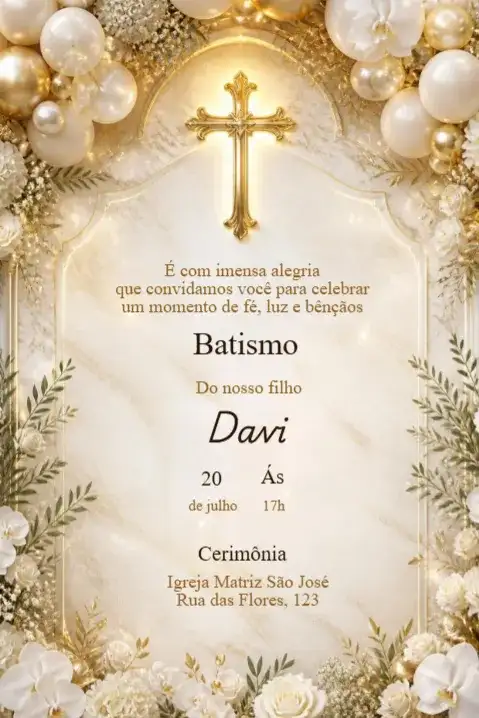 Golden Floral Cross Baptism Invitation