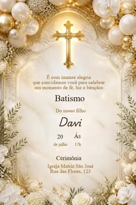 Invitation Golden Floral Cross Baptism Invitation – Kids' Birthday Party theme floral, golden, delicate, modern, religious, elegant