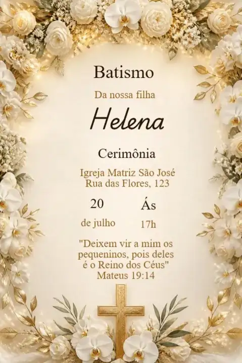 White and Gold Flowers Baptism Invitation