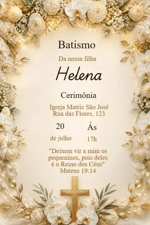 Invitation White and Gold Flowers Baptism Invitation – Kids' Birthday Party theme floral, golden, minimalist, classic, modern, elegant