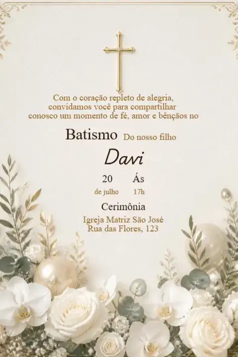 Minimalist Baptism Invitation with Golden Cross and White Flowers