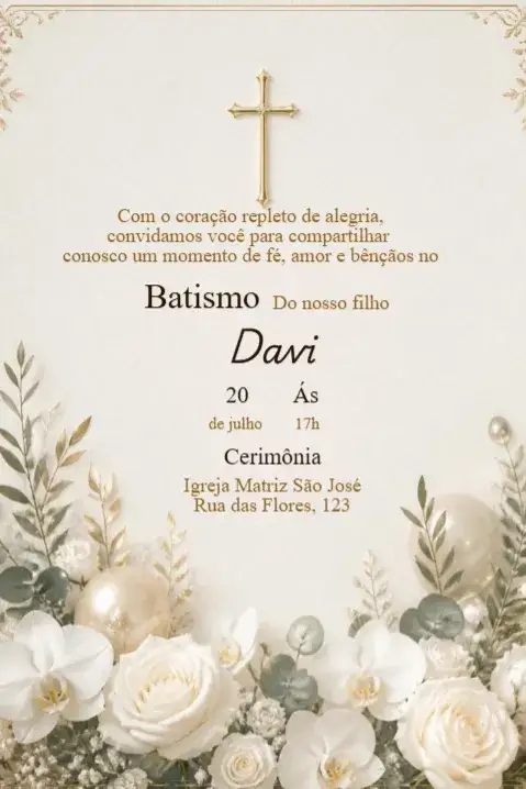 Invitation Minimalist Baptism Invitation with Golden Cross and White Flowers – Kids' Birthday Party theme minimalist, golden, floral, modern, elegant, religious
