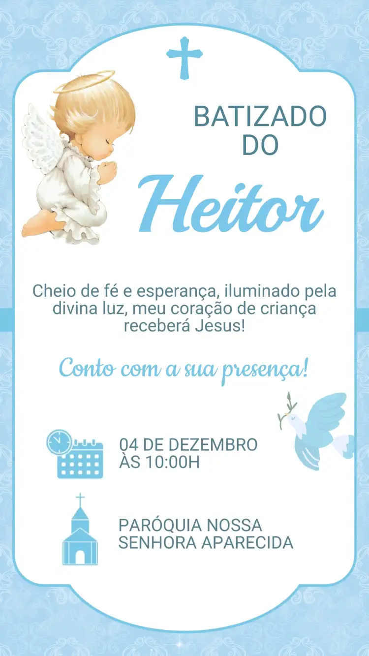 Convite Convite de Batizado – tema Batizado floral, clássico, moderno, minimalista, pastel, dourado