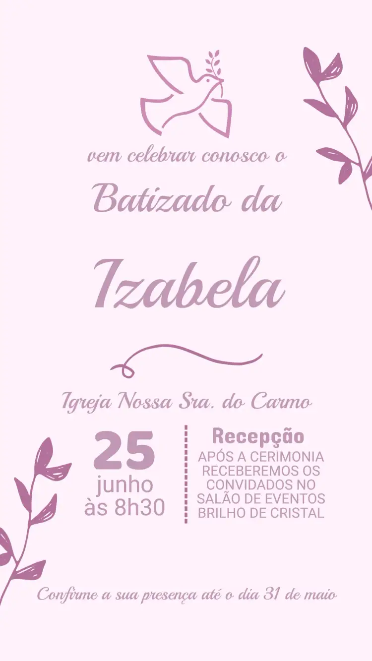 Convite Convite de Batizado – tema Batizado floral, minimalista, pastel, dourado, moderno, clássico