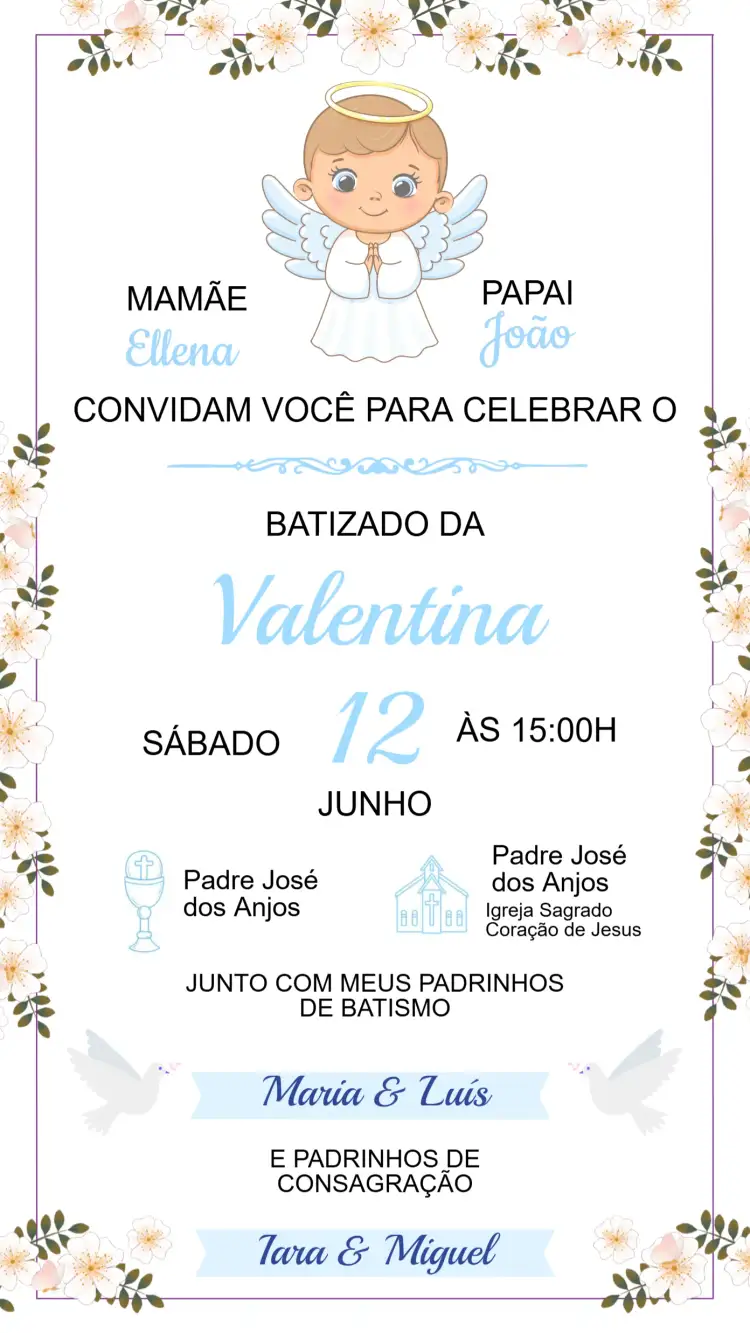 Convite Convite de Batizado – tema Batizado floral, minimalista, dourado, vintage, moderno, pastel