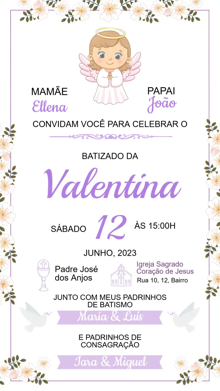 Convite Convite de Batizado – tema Batizado floral, minimalista, pastel, dourado, moderno