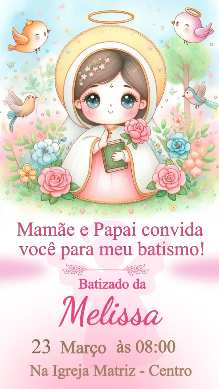 Invitation Convite de Batizado – Batizado theme rosa, delicado, infantil, floral, moderno