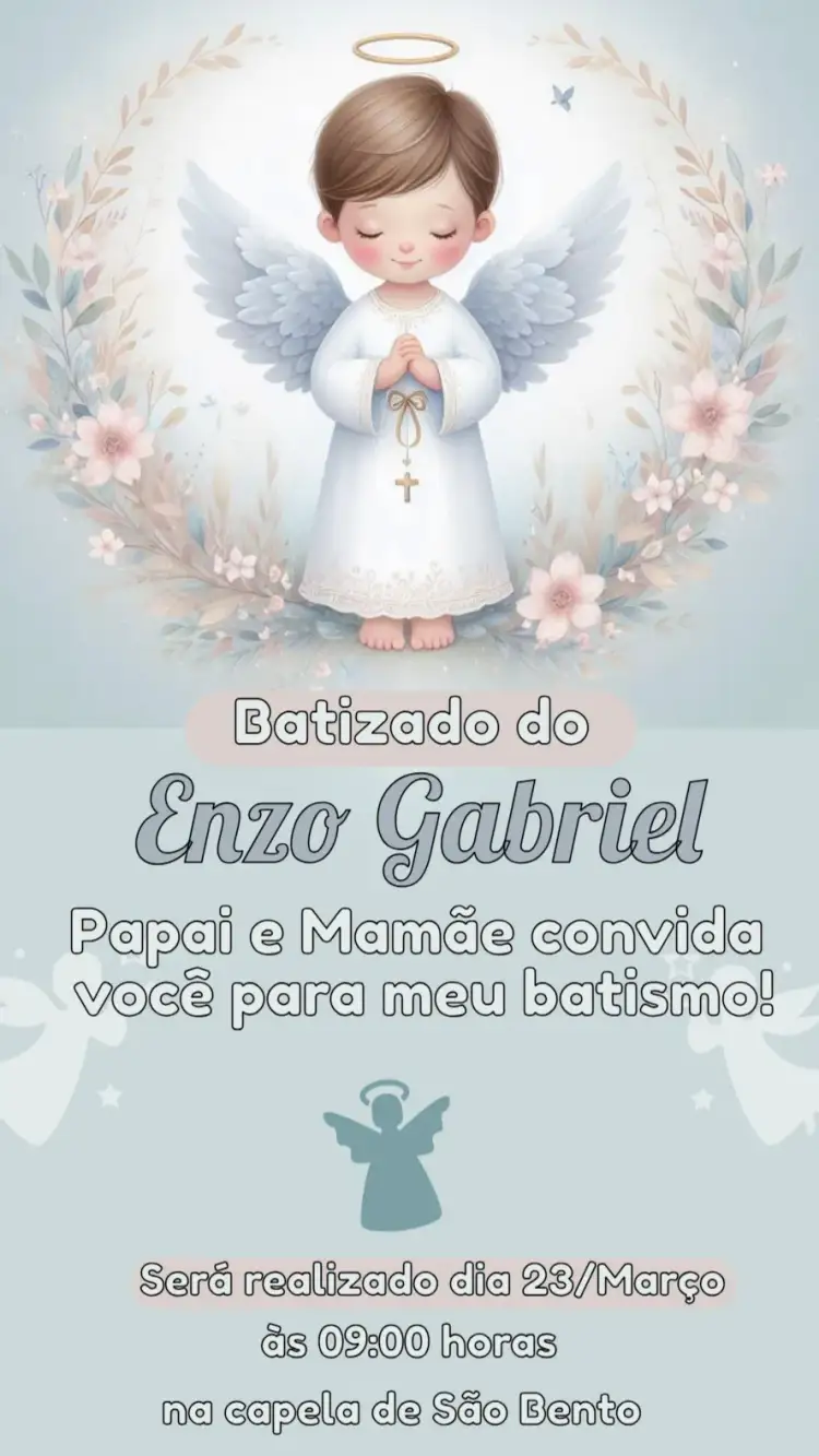 Invitación Convite de Batizado – tema Batizado azul claro, nuvens, estrelas, ilustrações infantis, minimalista