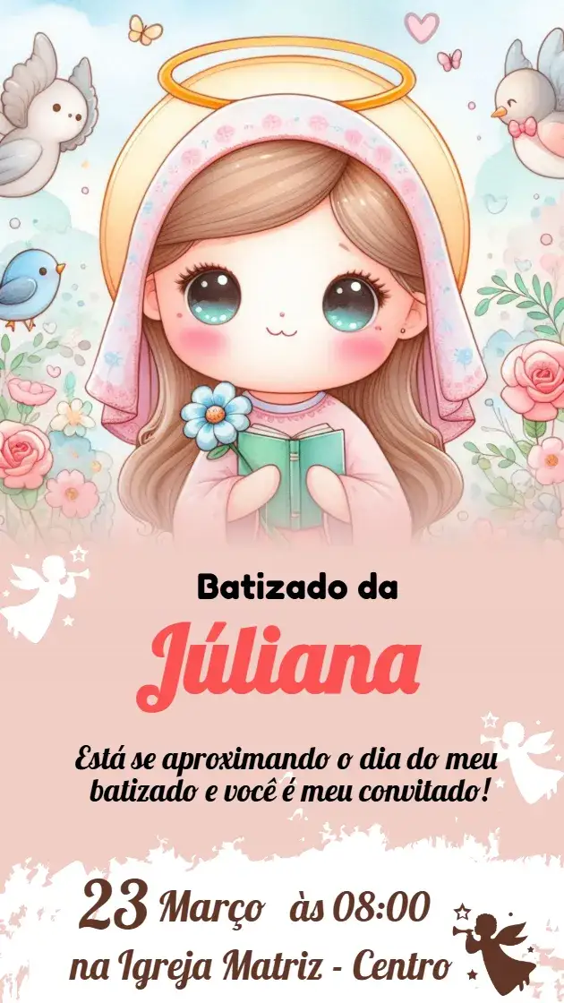 Convite convite de Batizado – tema Batizado rosa, delicado, infantil, floral, moderno, alegre