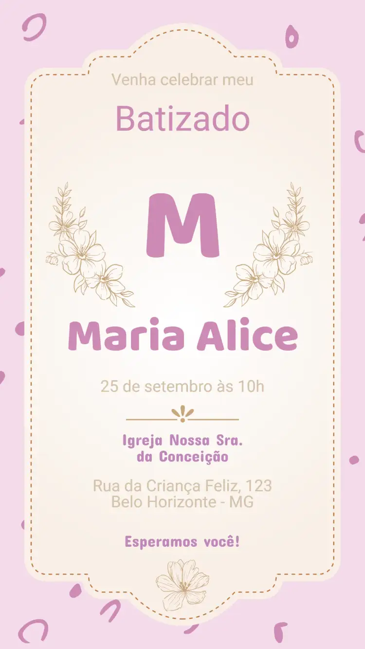 Convite Convite de Batizado – tema Batizado floral, minimalista, pastel, moderno, clássico, lúdico