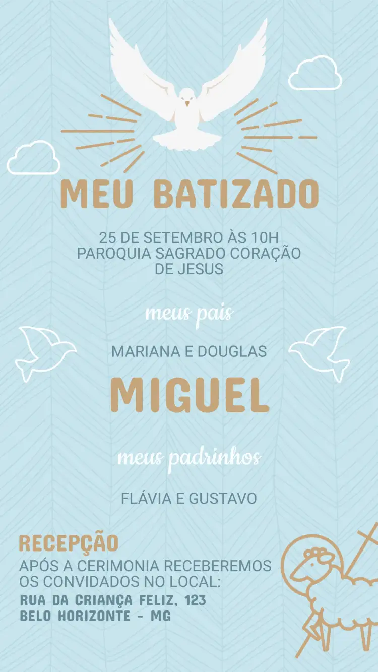 Convite Convite de Batizado – tema Batizado delicado, floral, pastel, moderno, minimalista