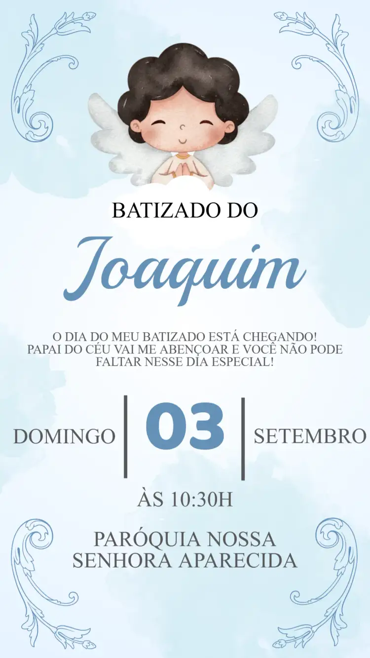 Convite Convite de Batizado – tema Batizado delicado, pastel, anjos, floral, moderno, clássico