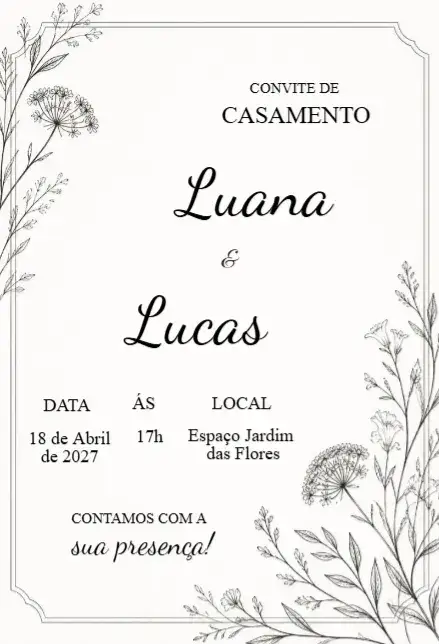 Convite Convite de Casamento clássico editável – tema Casamento clássico, floral, minimalista, elegante, branco, romântico
