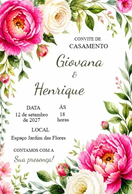 Convite Convite de Casamento Floral – tema Casamento floral, elegante, romântico, rústico, minimalista