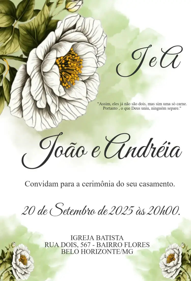 Convite Convite de Casamento Floral – tema Casamento floral, romântico, verde, branco, elegante, rústico