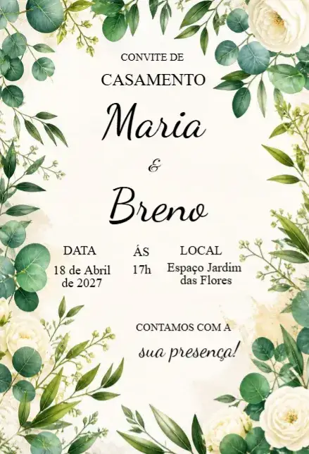 Convite Convite de casamento flores branca editável – tema Casamento floral, minimalista, clássico, elegante, romântico, branco
