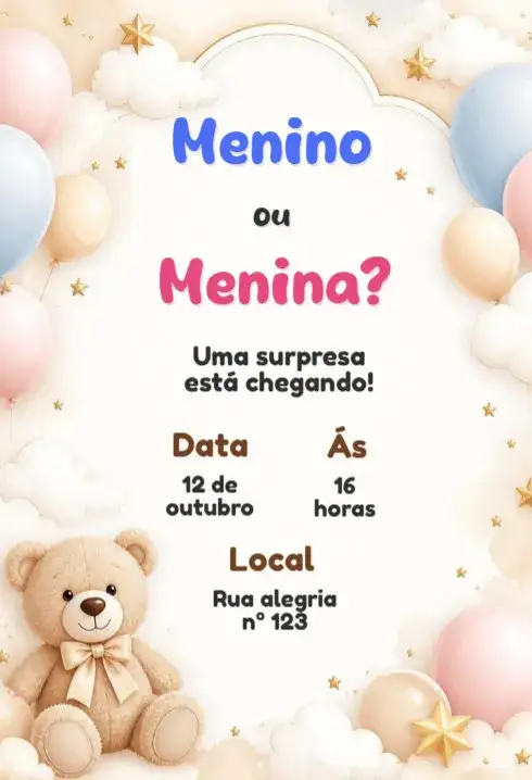 Convite Convite de Chá Revelação – tema Chá Revelação moderno, colorido, divertido, minimalista, floral, pastel