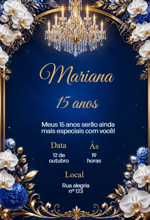 Convite Convite Digital 15 Anos – tema 15 anos moderno, elegante, floral, dourado, vintage