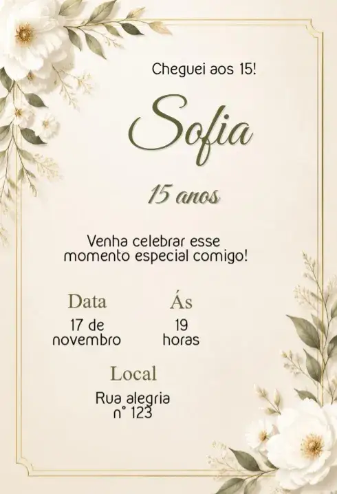Convite Convite Digital 15 Anos – tema 15 anos moderno, elegante, colorido, glamoroso, floral