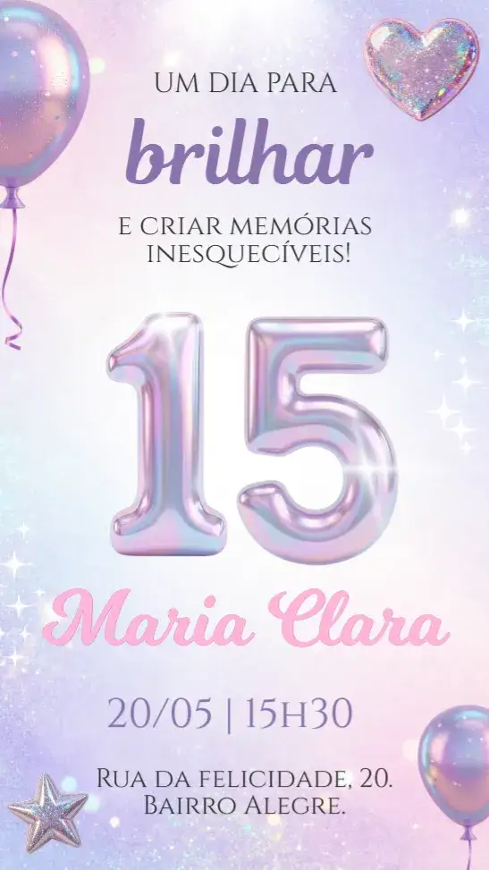 Invitation Convite digital 15 anos brilho holográfico – 15 anos theme brilho, holográfico, moderno, glitter, colorido, elegante