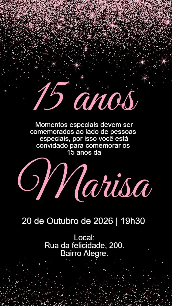 Convite Convite digital 15 anos preto e rosa – tema 15 anos preto e rosa, glamouroso, moderno, brilhante, elegante