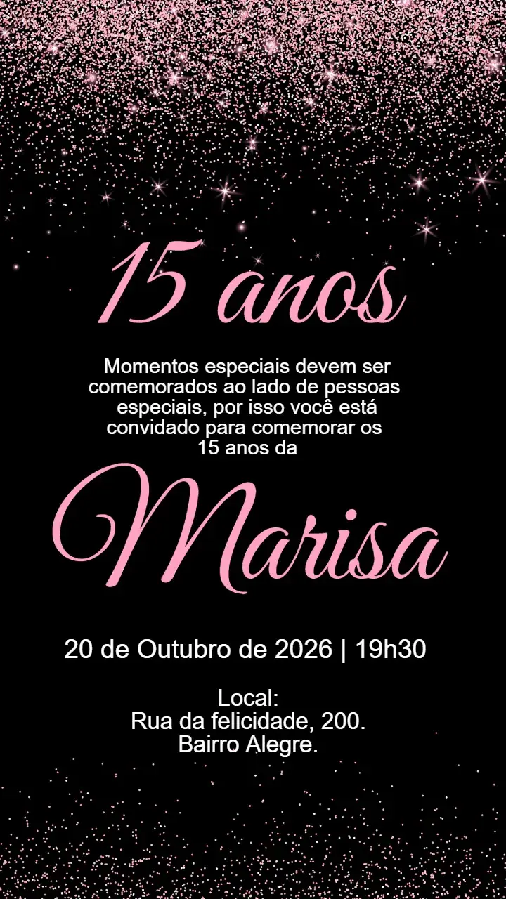 Convite Convite digital 15 anos preto e rosa editável e personalizável