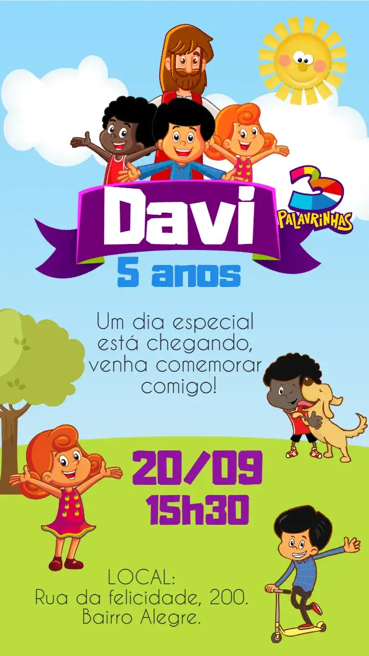 Invitación Invitación digital 3 palabritas – tema Cumpleaños Infantil neutro, gospel, moderno, colorido, divertido, alegre