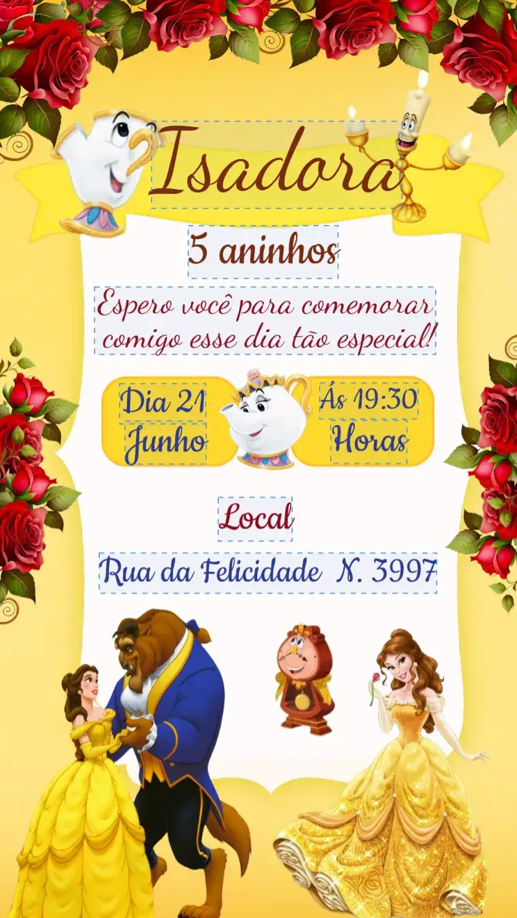 Invitación Convite Digital A Bela e a Fera – tema Aniversário Infantil mágico, romântico, vibrante, colorido, fantasia, clássico