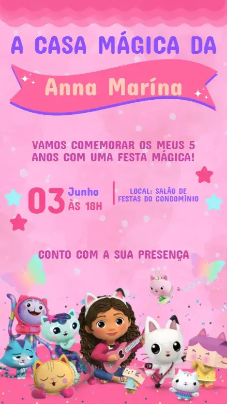 Convite Convite Digital A Casa Mágica da Gabi Infantil Editável e Personalizado – tema Aniversário Infantil mágico, colorido, fantasia, lúdico, divertido, infantil