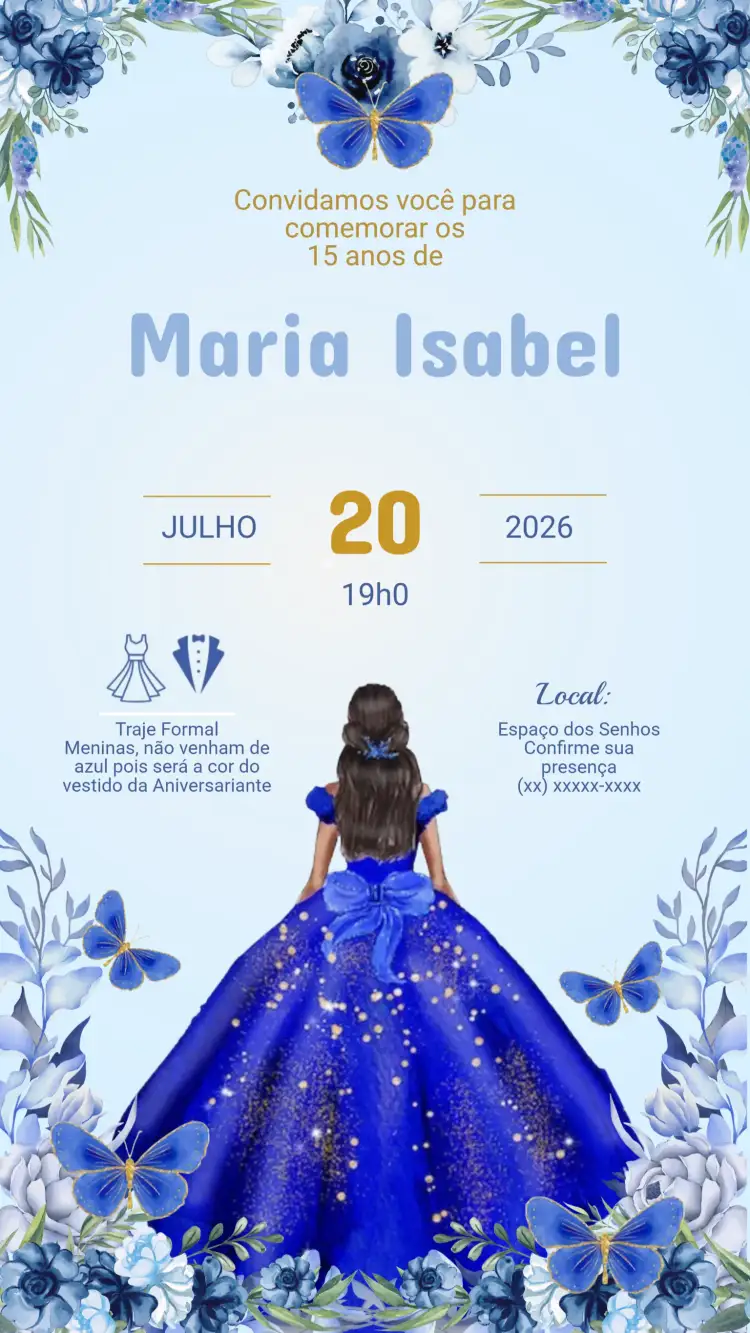 Convite Convite Digital Aniversário 15 Anos Azul – tema Aniversário azul, moderno, elegante, jovem, vibrante