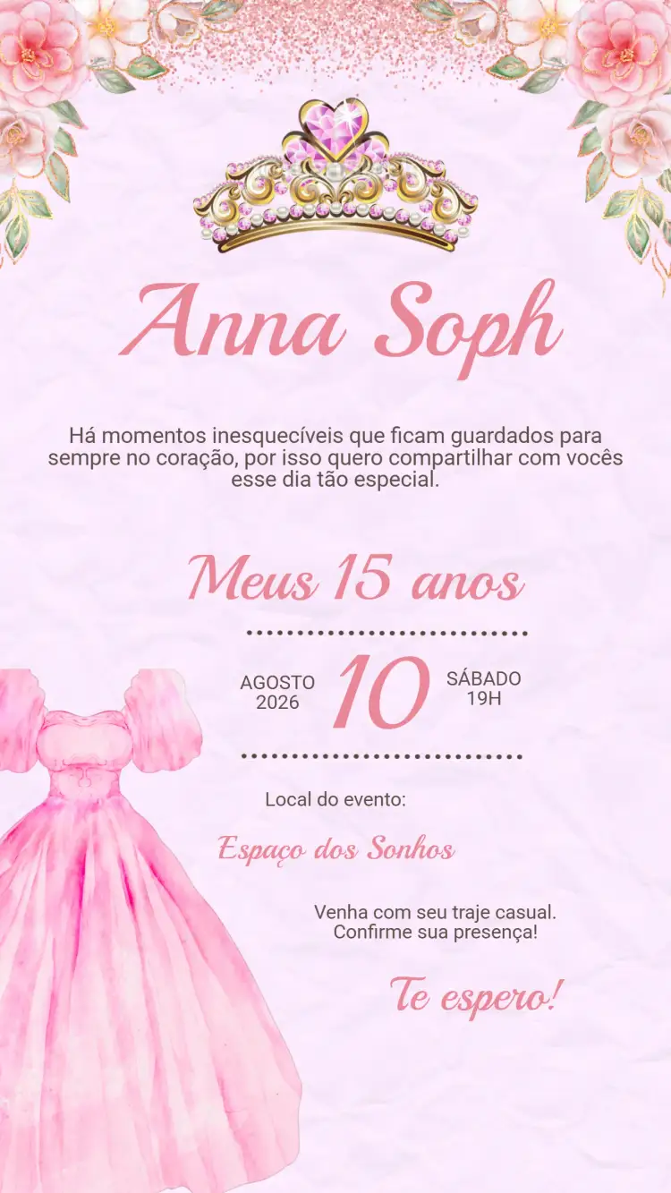 Convite Convite Digital Aniversário 15 Anos Rosa – tema Aniversário rosa, moderno, elegante, feminino, jovem