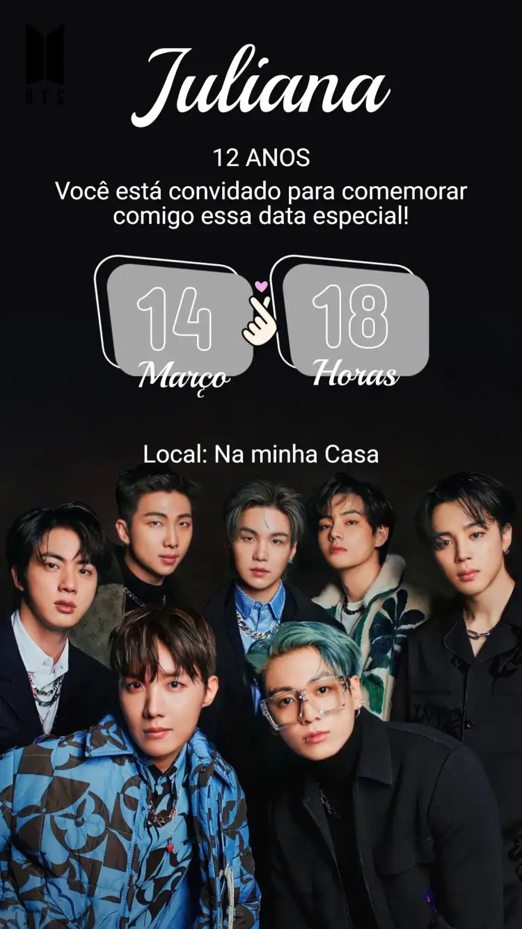 Convite Convite Digital Aniversário BTS Para Editar – tema Aniversário colorido, jovem, temático, moderno, divertido