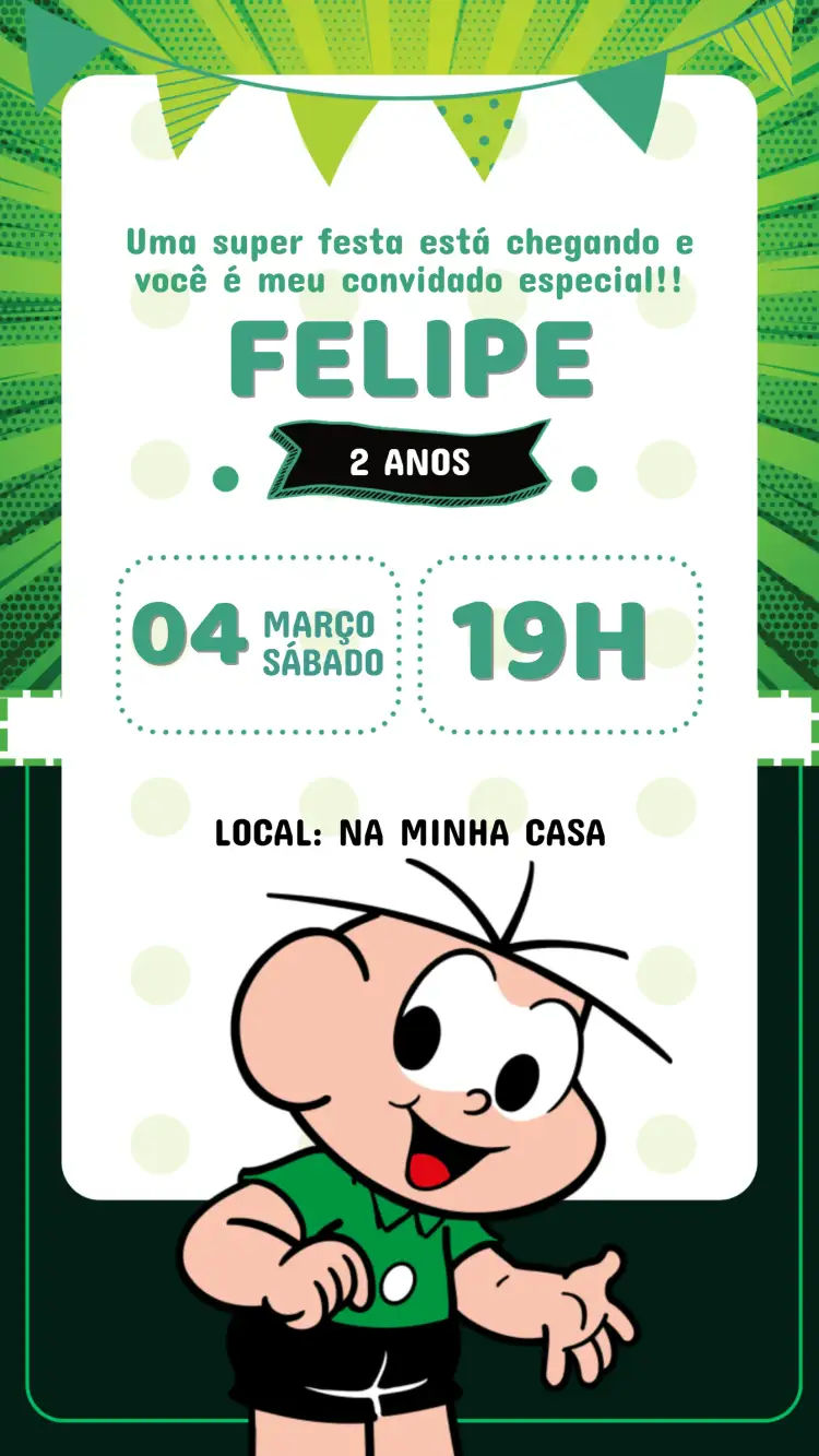 Convite Convite Digital Aniversário Cebolinha Turma da Mônica Para Editar – tema Aniversário Infantil colorido, divertido, infantil, ilustrações da Turma da Mônica, moderno, temático