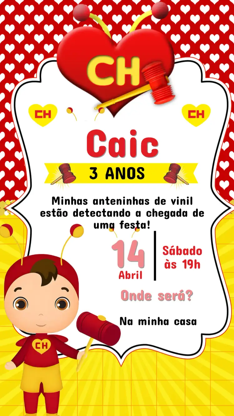 Convite Convite Digital Aniversário Chapolin Colorado Para Editar – tema Aniversário Infantil colorido, divertido, infantil, temático, vibrante