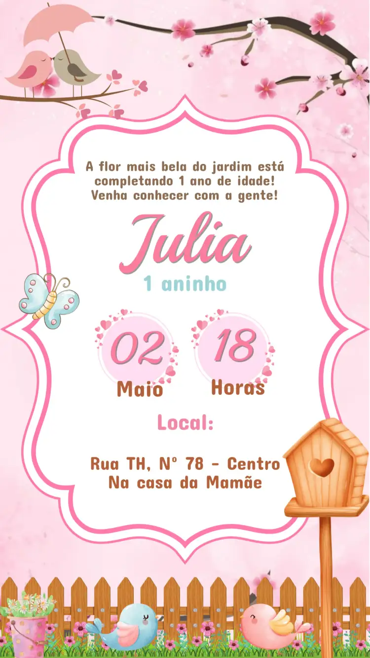 Convite Convite Digital Aniversário Jardim Encantado para Editar – tema Aniversário Infantil jardim mágico, cores vibrantes, ilustrações lúdicas, estilo infantil, elementos naturais, design encantador