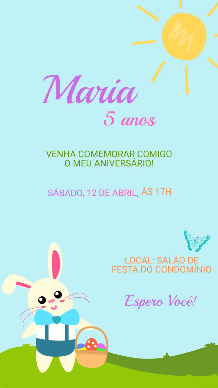 Convite Convite Digital Aniversário Páscoa Coelhinho – tema Aniversário Infantil colorido, divertido, infantil, páscoa, ilustrações de coelhos, elementos festivos
