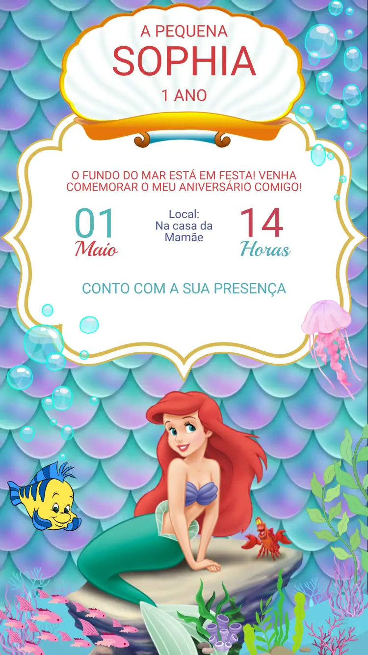 Convite Convite Digital Aniversário Pequena Sereia Ariel – tema Aniversário Infantil marinho, colorido, lúdico, fantasia, tropical