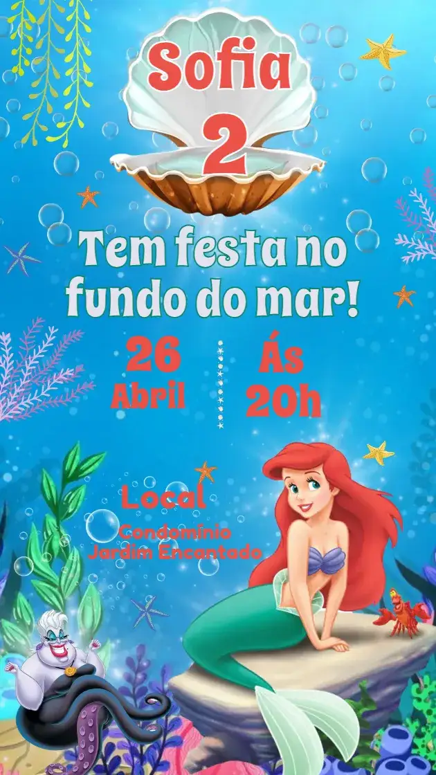 Invitación Invitación Digital - Cumpleaños Sirenita – tema Tarjeta fondo marino, colores vibrantes, estilo lúdico, temática de princesa, elementos marinos, diseño divertido
