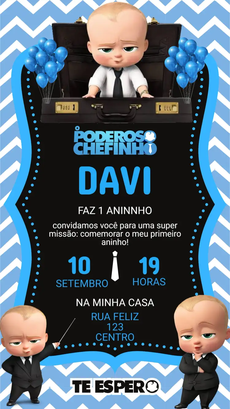 Convite Convite Digital Aniversário Poderoso Chefinho – tema Aniversário Infantil colorido, divertido, infantil, moderno, brincalhão