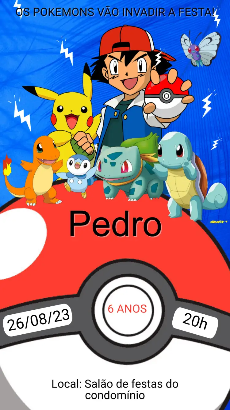 Convite Convite Digital Aniversário Pokémon – tema Aniversário Infantil colorido, divertido, jogos, animado, fantasia, infantil
