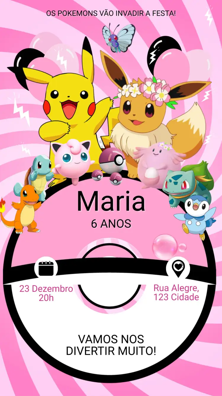 Convite Convite Digital Aniversário Pokémon – tema Aniversário Infantil colorido, lúdico, divertido, moderno, infantil, temático