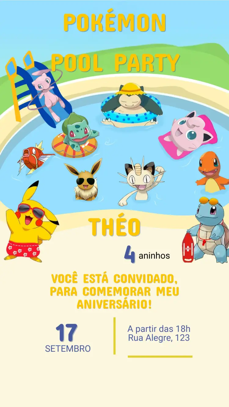 Convite Convite Digital Aniversário Pokémon – tema Aniversário Infantil colorido, divertido, temático, jovial, moderno