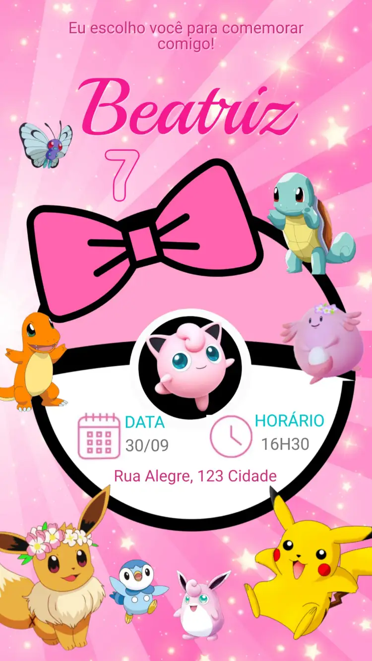 Convite Convite Digital Aniversário Pokémon Pikachu – tema Aniversário Infantil colorido, divertido, jovem, ilustrações de Pokémon, estilo cartoon, vibrante