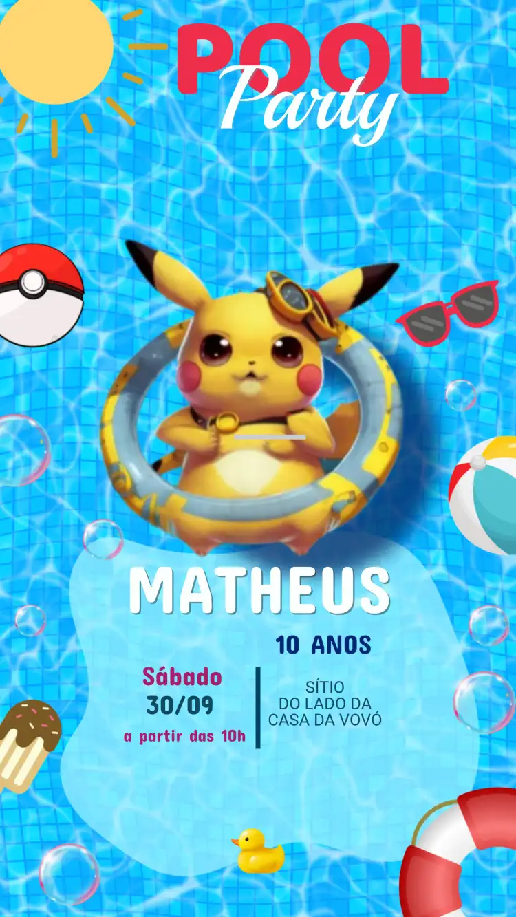 Convite Digital Aniversário Pokémon Pool Party
