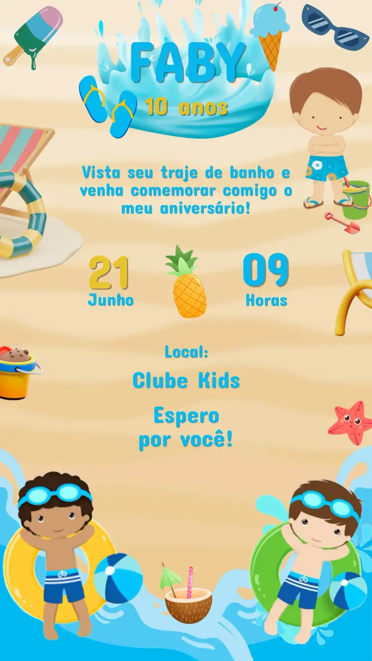 Convite Convite Digital Aniversário Pool Party – tema Aniversário Infantil colorido, tropical, divertido, aqua, moderno, jovem