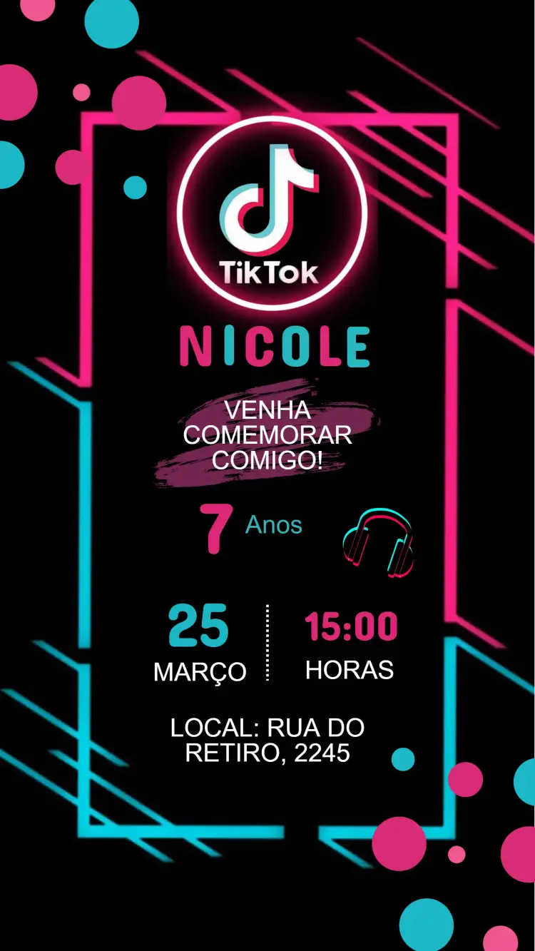 Convite Convite Digital Aniversário Tik Tok – tema Aniversário Infantil colorido, divertido, moderno, jovem, temático