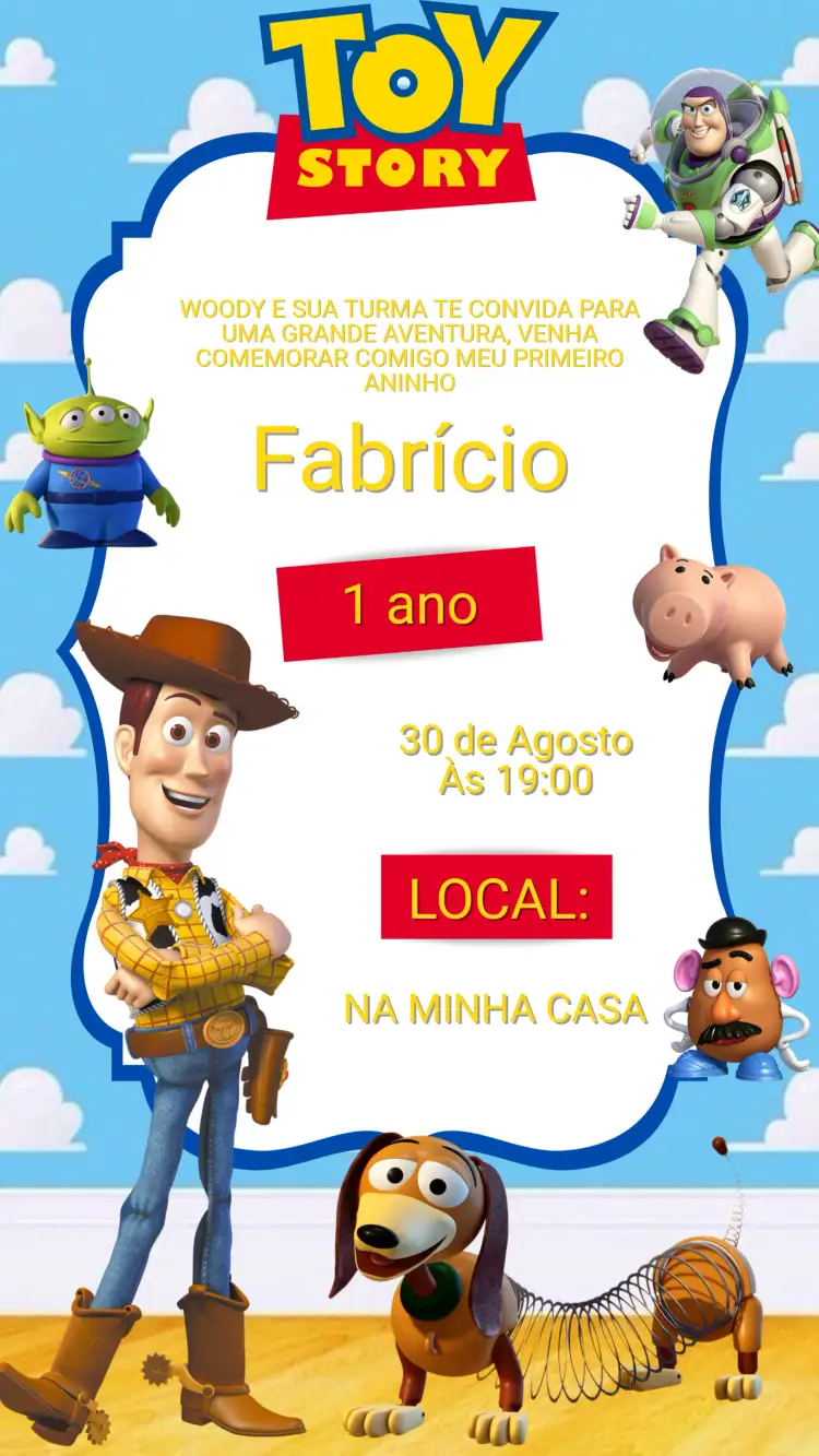 Convite Convite Digital Aniversário Toy Story – tema Aniversário Infantil colorido, divertido, infantil, temático, vibrante, ilustrações de personagens