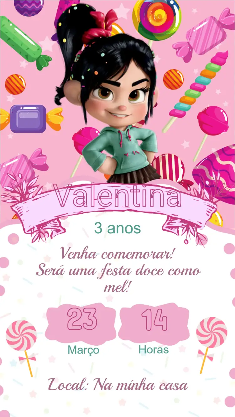 Convite Convite Digital Aniversário Venelope Detona Ralph – tema Aniversário Infantil colorido, divertido, temático, jogos, infantil, vibrante