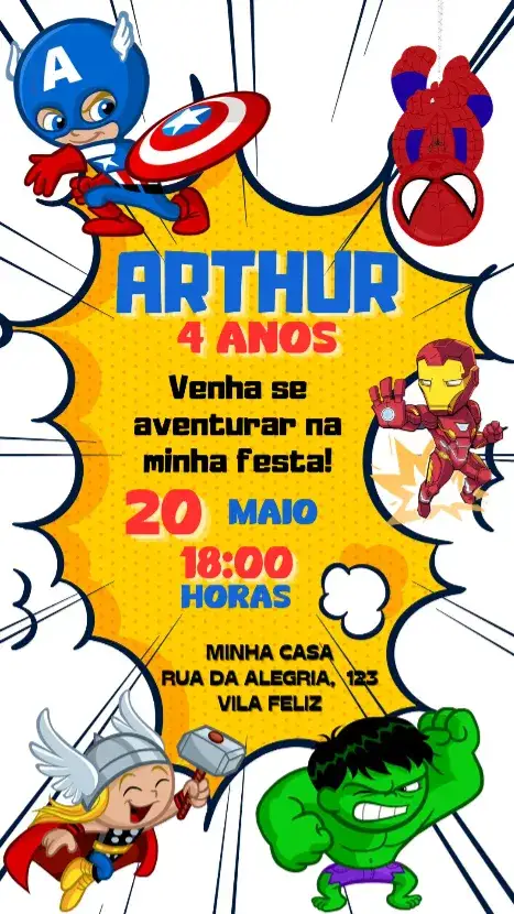 Invitation Convite Digital Aniversário Vingadores – Aniversário Infantil theme colorido, temático, moderno, animado, super-heróis